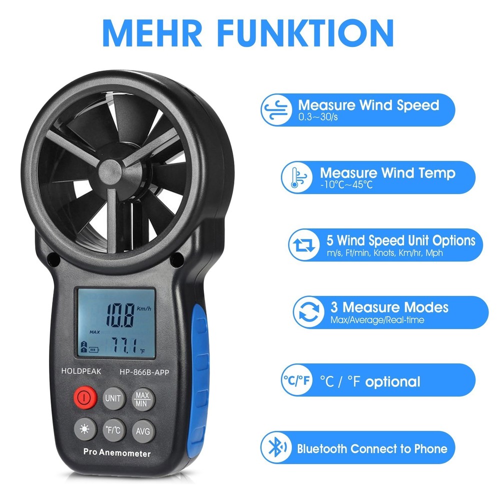 Digital Handheld Anemometer with Bluetooth & Temp Sensor - 30m/s Max Wind Speed