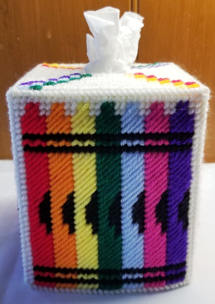 "Crayons" Tissue Box Cover (Plastic & Yarn) Finished