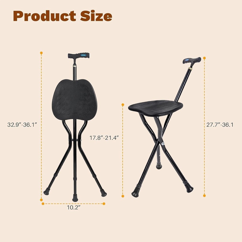 Brown Folding Cane Stool with Seat – Lightweight Adjustable Walking Cane for ...