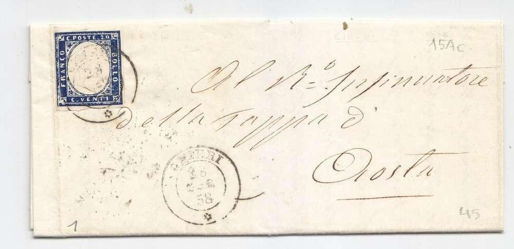 PP732-IV SARDEGNA-20 Cent From Chieri Ad Aosta 1858