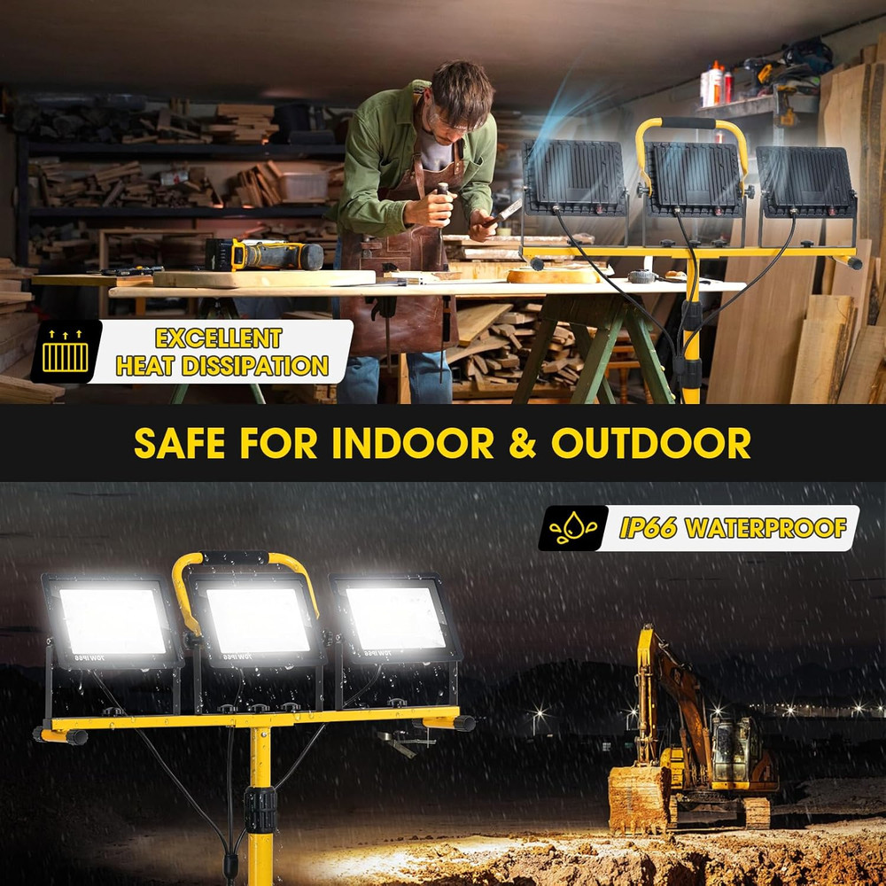 21000LM LED Tripod Work Light Adjustable 3-Head Flood Light IP66 16FT Cord