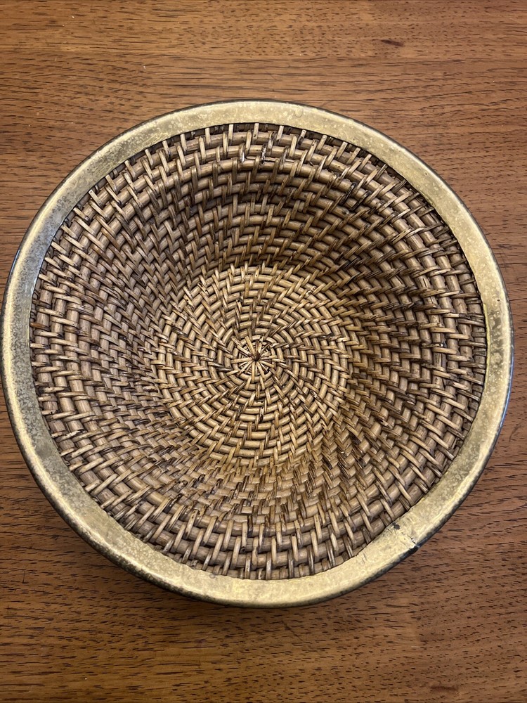 1970s Vintage Wicker And Brass Bowl