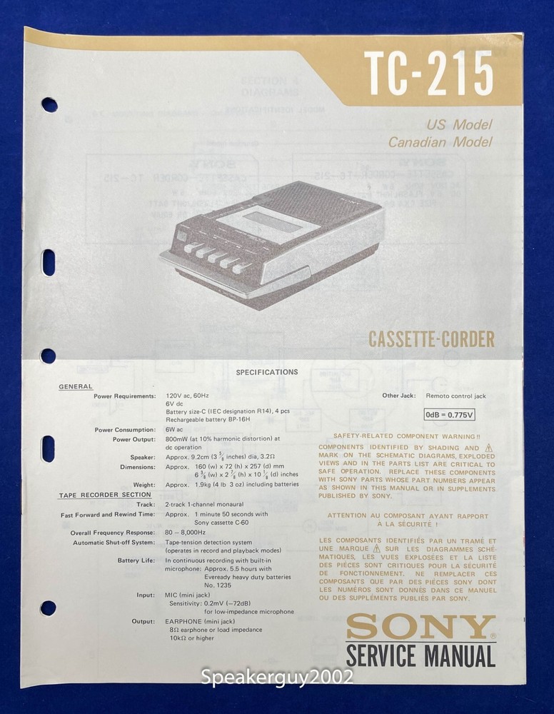 Original Sony TC-215 Cassette-Corder Service Manual