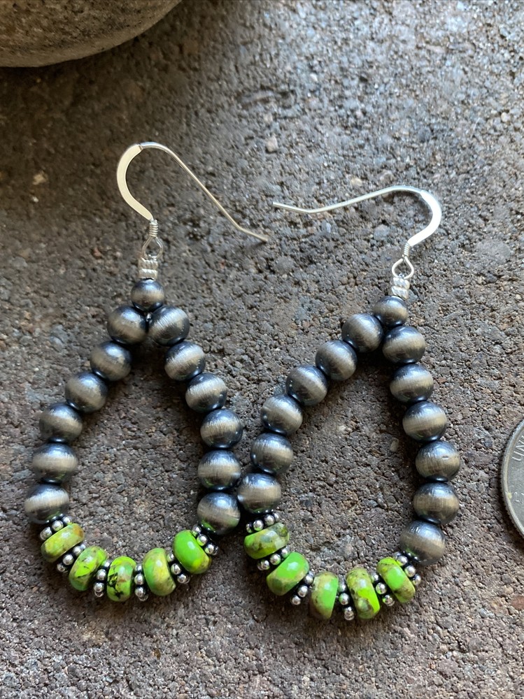 Sterling Silver Green Turquoise W Pearls Bead Loop Earrings.