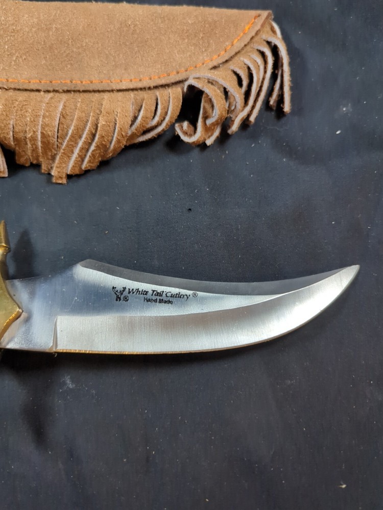 White Tail Cutlery Fixed Blade Knife Leather Sheath Torched Bone Handle Spikes