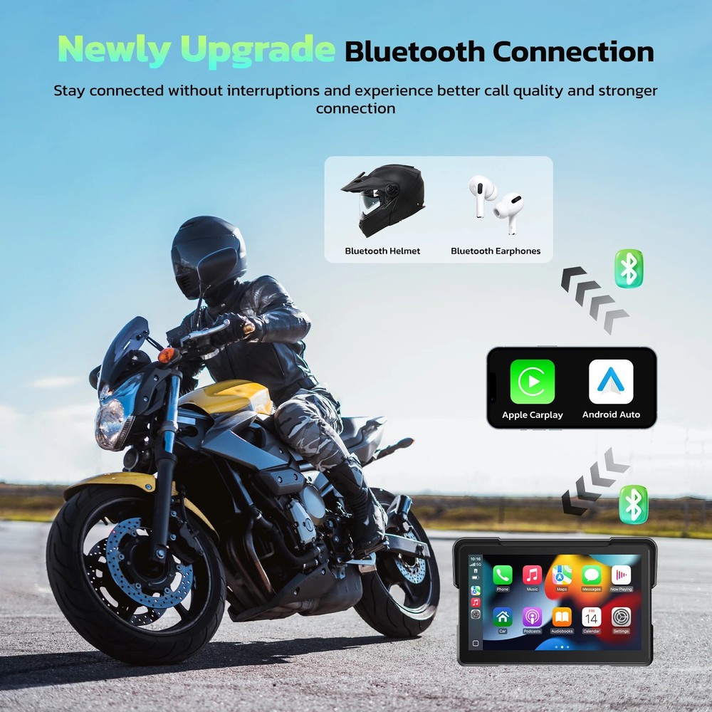 Motorcycle 7" GPS Navigator Wireless CarPlay Android Auto Dual Bluetooth Camera