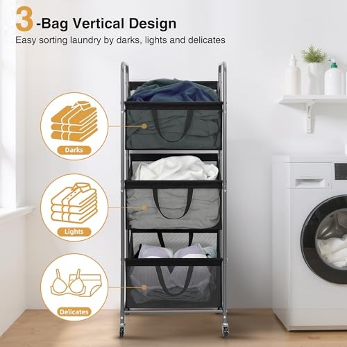 3-Tier Vertical Rolling Laundry Hamper with Removable Bags, 120L Black Mesh