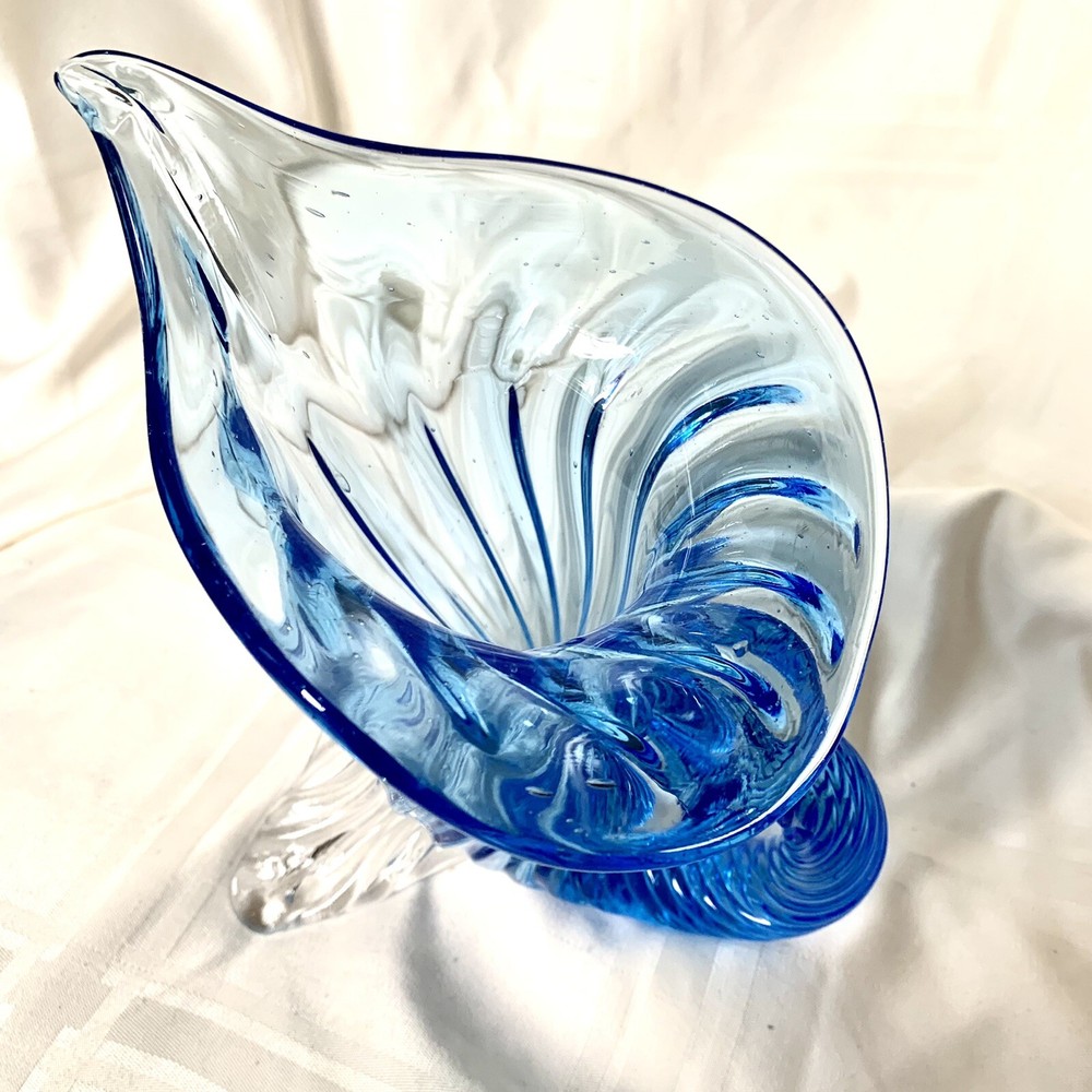 Vintage Murano Blue Cornucopia Glass Vase 7”
