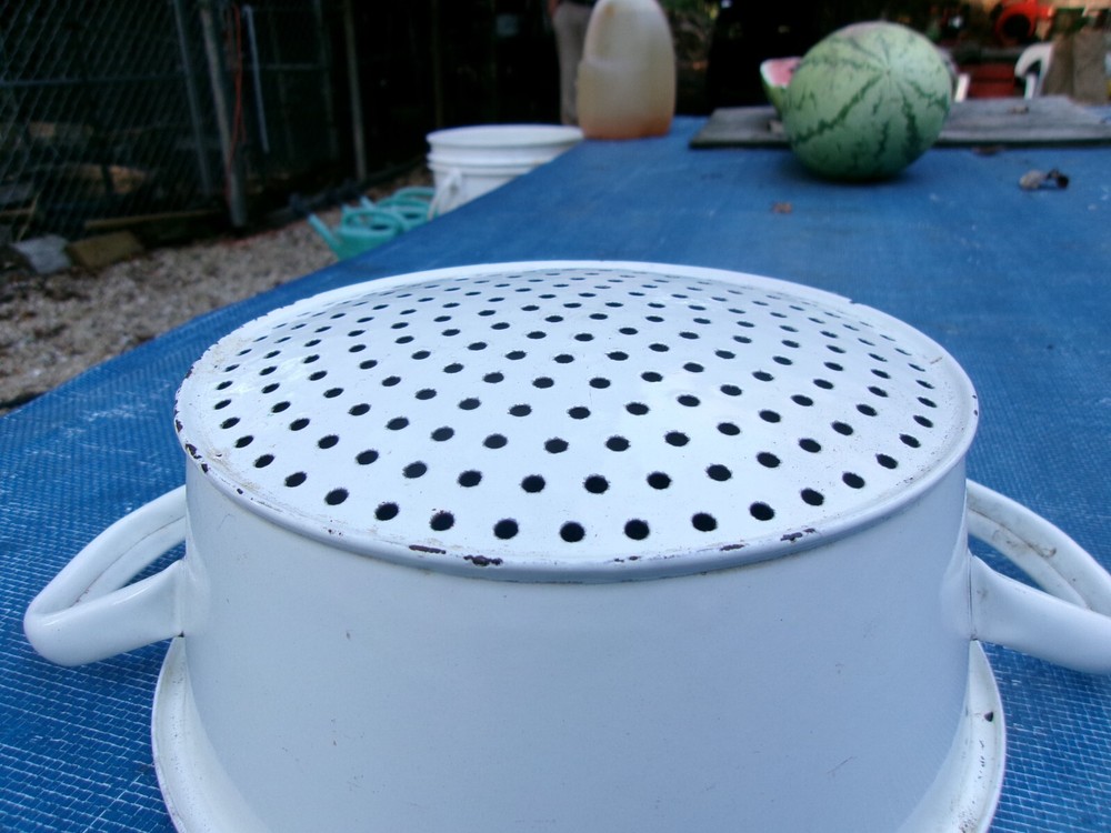 Enamelware Colander, Rounded Base, Handles, 9"wide x 4"tall, Few Chips