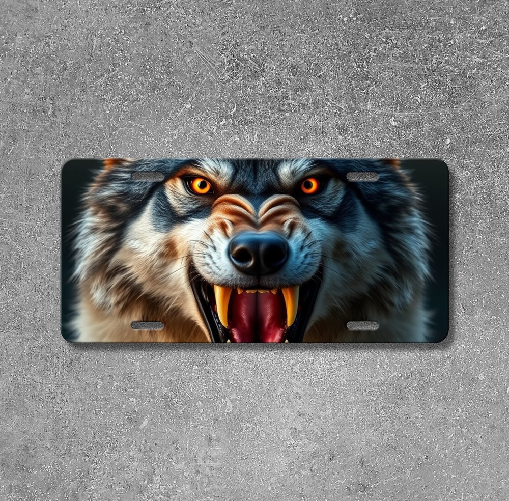 Intense Wolf License Plate with Sharp Teeth Personalized Front Plate Birthday Gi