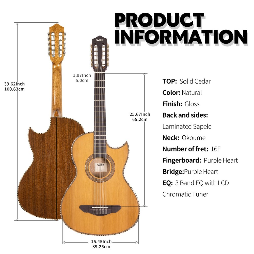 10 String Electric Acoustic Bajo Quinto Solid Cedar Top Sapele back & sides