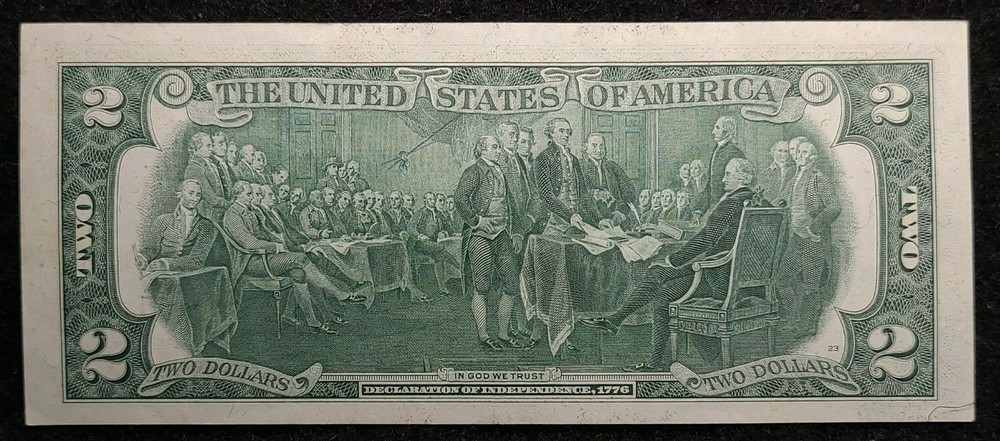 1976 $2 note alignment Shift over-inking error AU58 1 fold