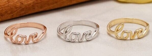 Real 14K Solid Gold Love Ring, Script Love Ring, Dainty Love Ring
