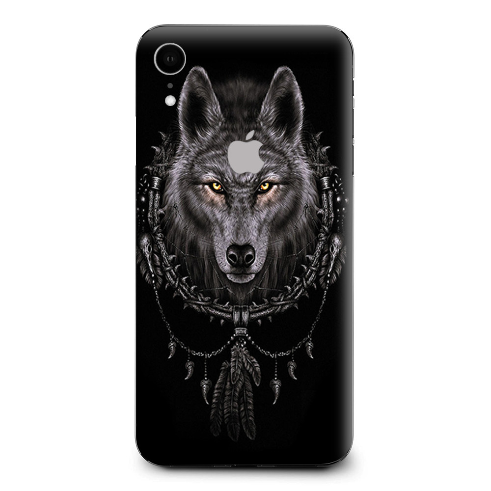 Skins Decal Wrap for Apple iPhone XR - Wolf dreamcatcher back white