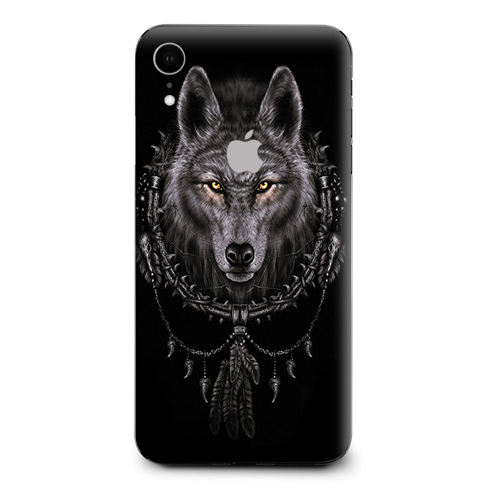 Skins Decal Wrap for Apple iPhone XR - Wolf dreamcatcher back white