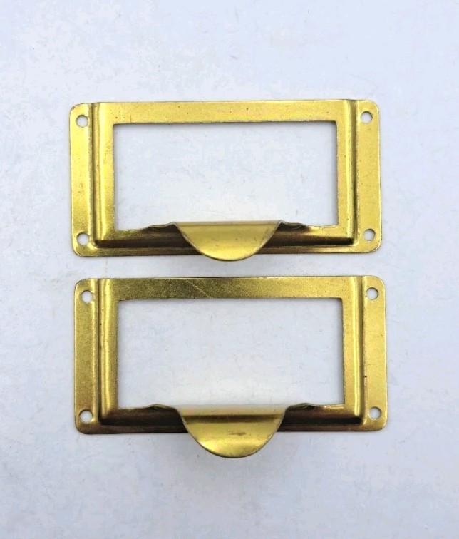 Vintage Card Catalog Drawer Pulls with Label Holders File Cabinet Hardware Pair