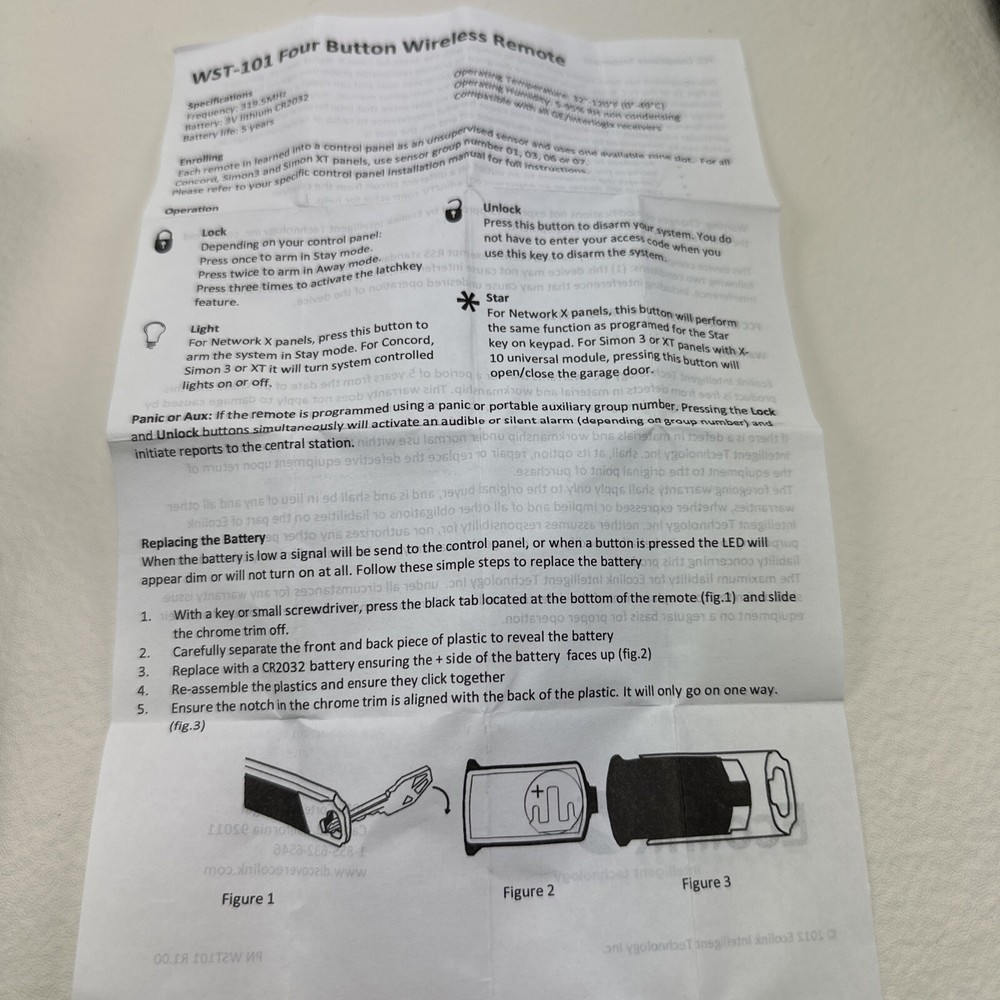 Ecolink WST-101 4 Button Wireless Remote New