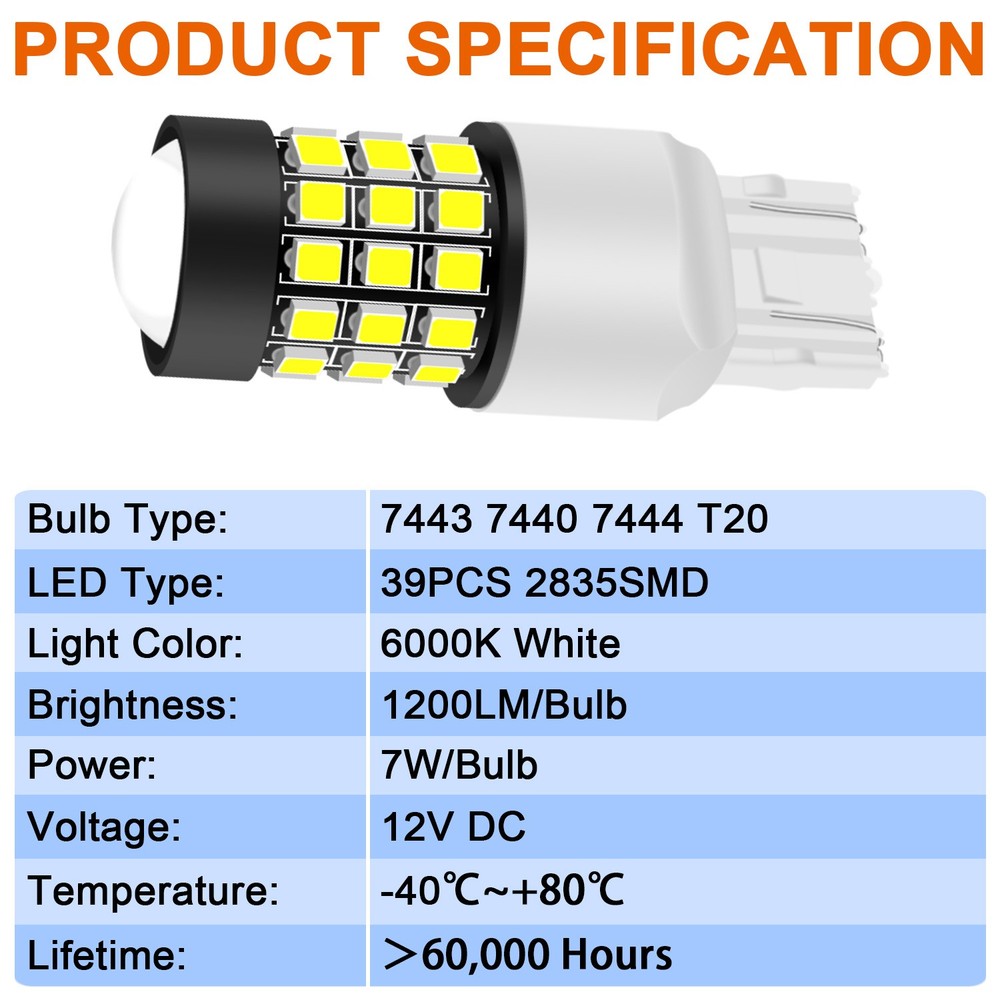 Strobe Flash 7440 7443 7444 LED Backup Reverse Back Up Light Bulbs Bright White