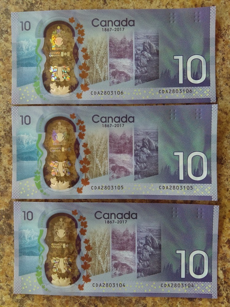 Three Sequential 2017 Canada's 150th Anniversary $10 Banknotes UNC