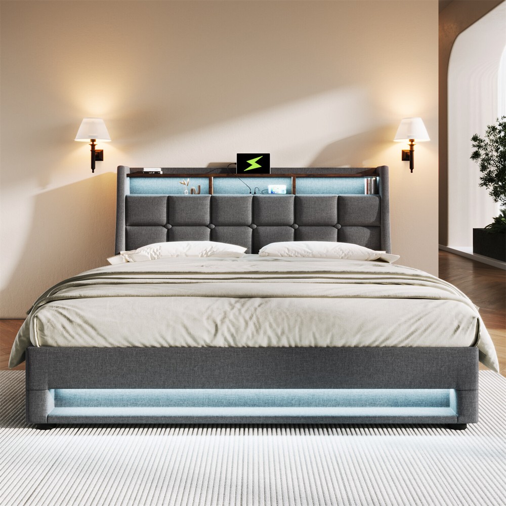Queen Size LED Platform Bed Frame Linen Upholstered w/ Hydraulic Storage System