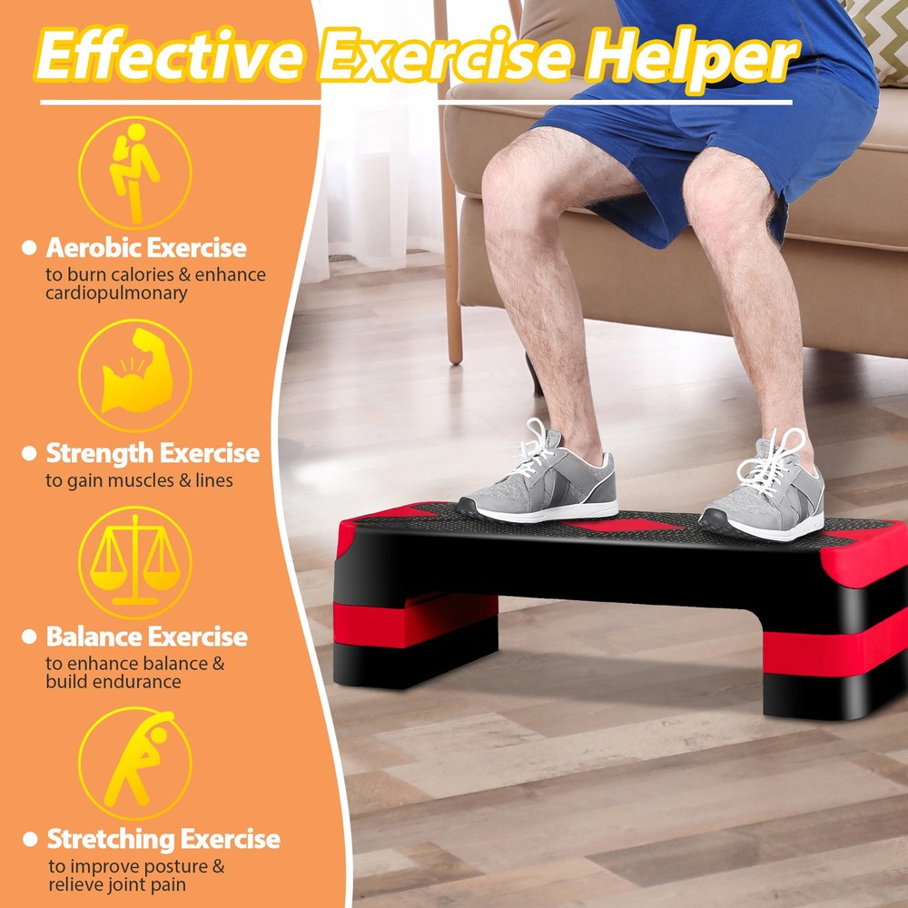 26.5" Aerobic Step Platform Adjustable Exercise Workout Stepper w/4 Risers Red