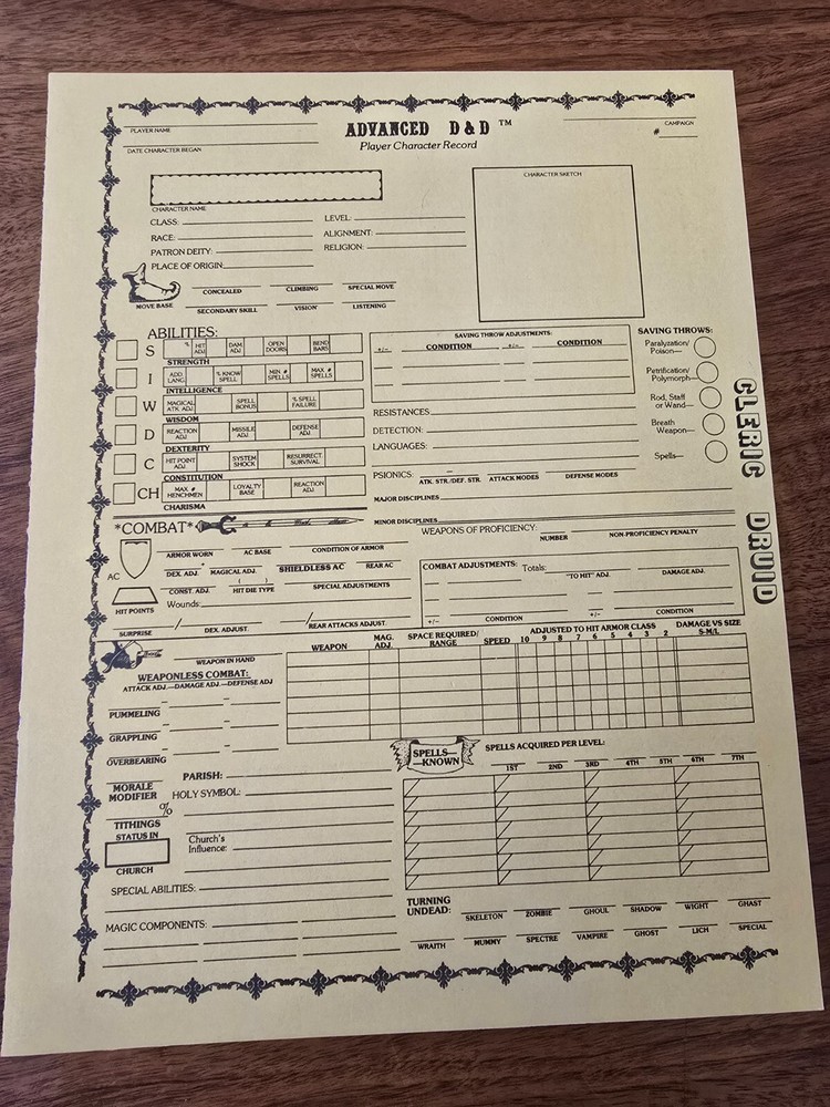 AD&D REF2 Player Character Record Sheet Singles Cleric/Druid TSR