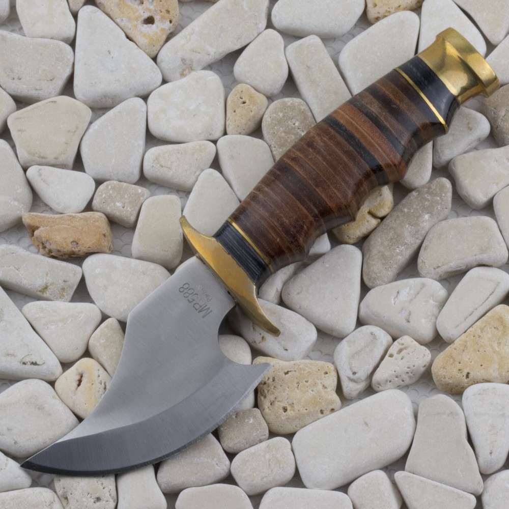 Marbles Stacked Leather Handle Skinner Fixed Blade Knife Brass Guard Pommel
