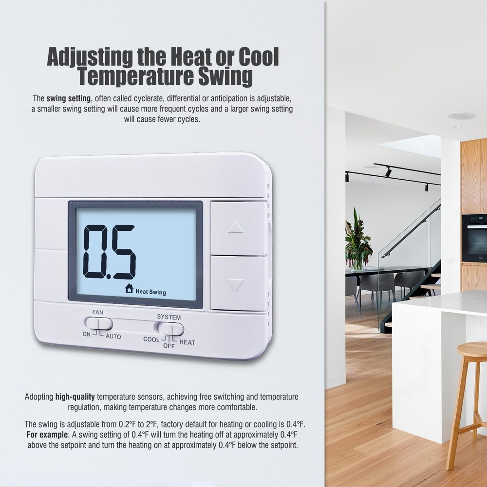 Non Programmable Thermostat for Home 2 Heat 2 Cool Multistage System, White