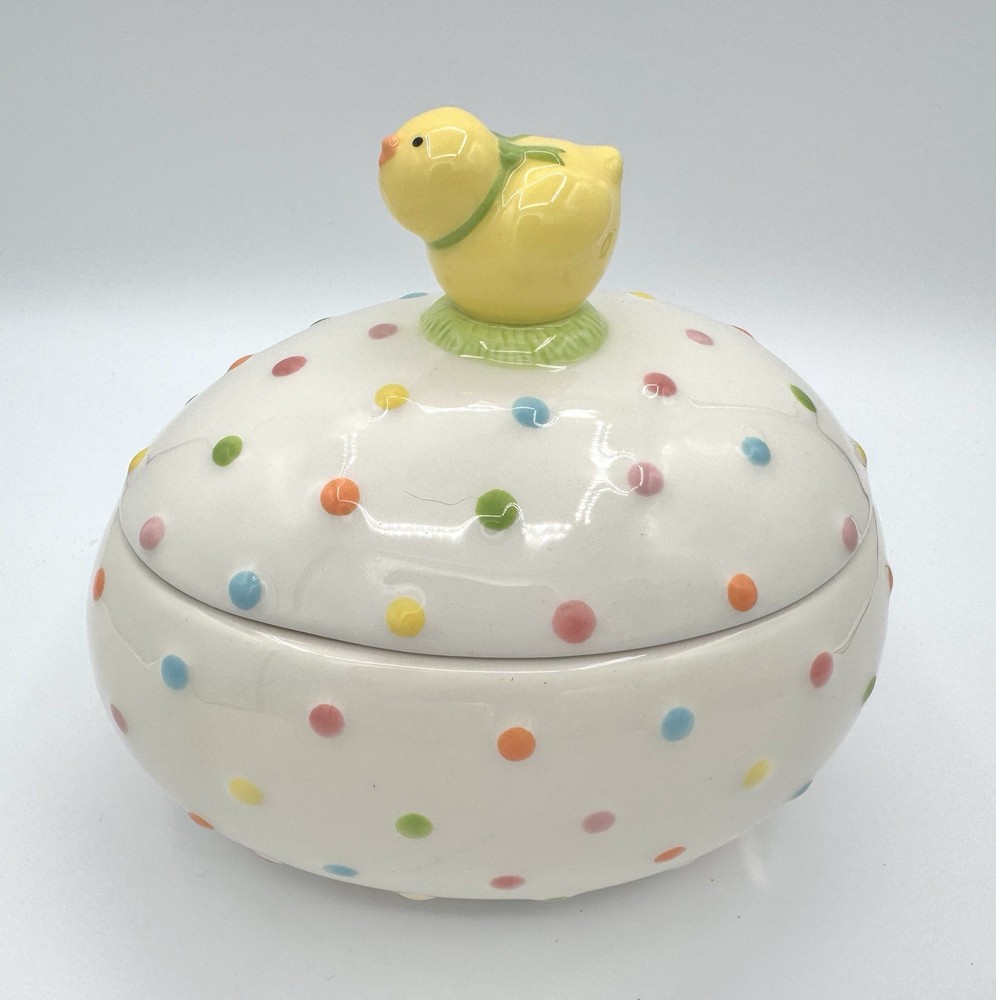 Hallmark Easter chick on egg bowl with lid polka dot Rare