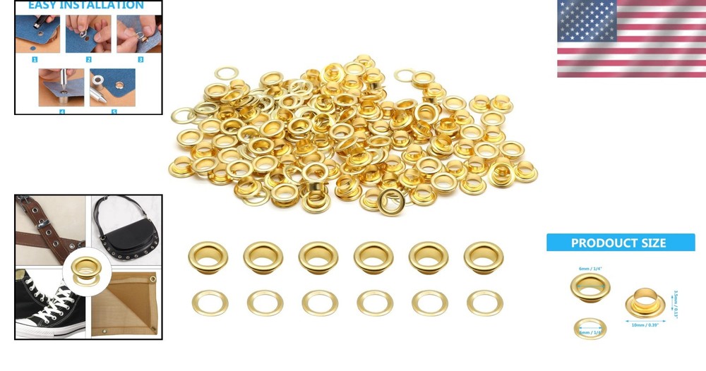 100 Sets Gold Eyelets Grommets for Canvas & Leather - 1/4" Durable Kit