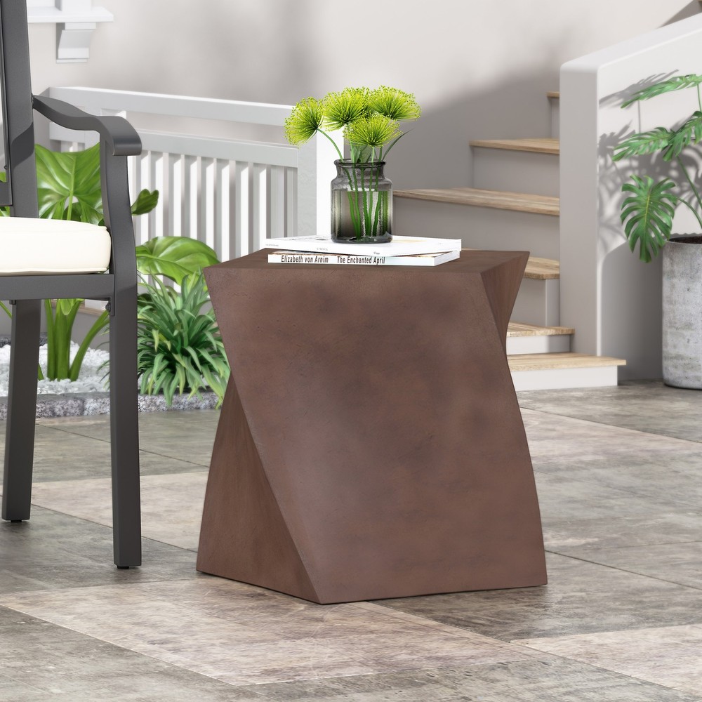 Lightweight Concrete Twisted Cube Side Table, 20.5 Inch Abstract Modern Patio