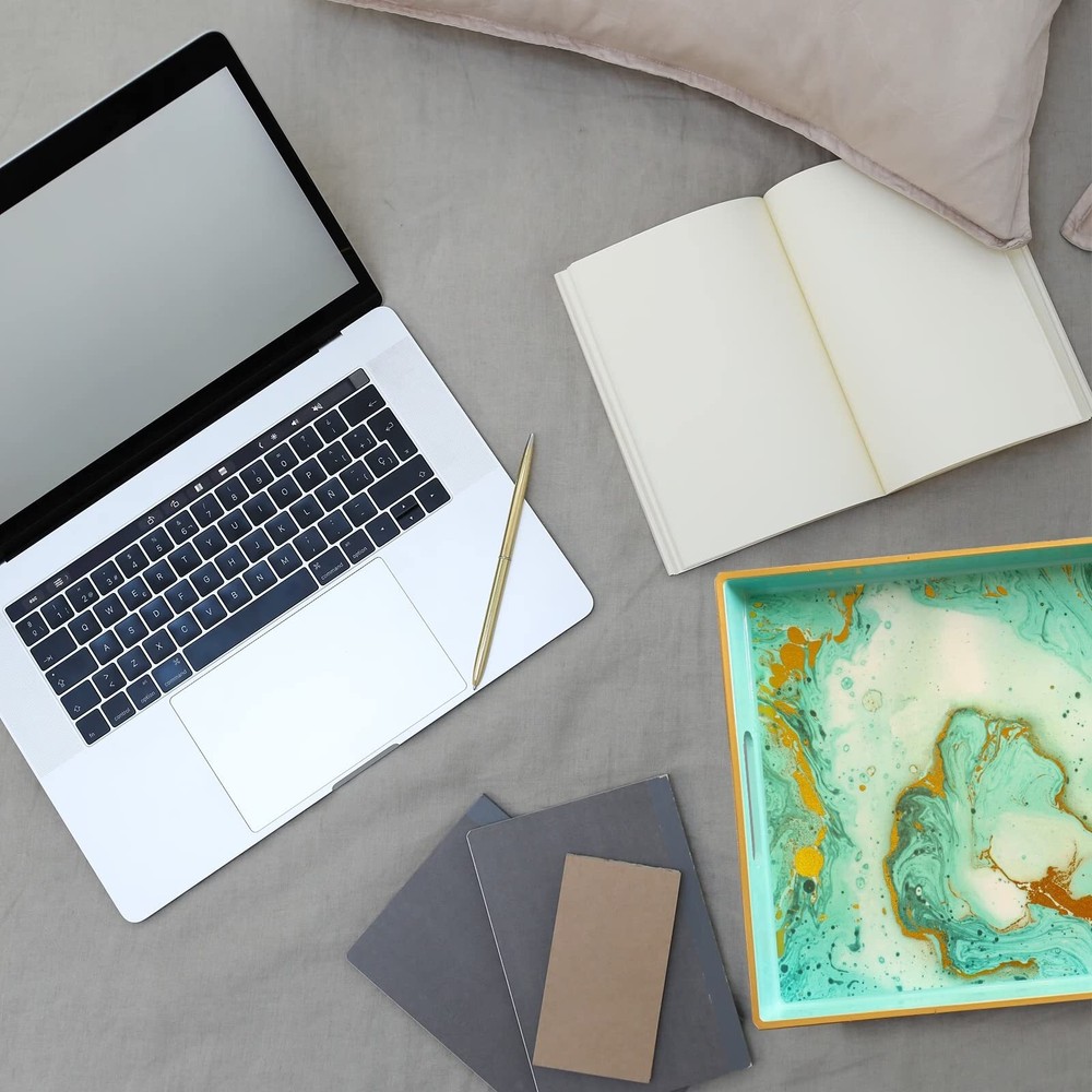 Turquoise Marbling Decorative Tray with Handles Morden Plastic Rectangular Se...