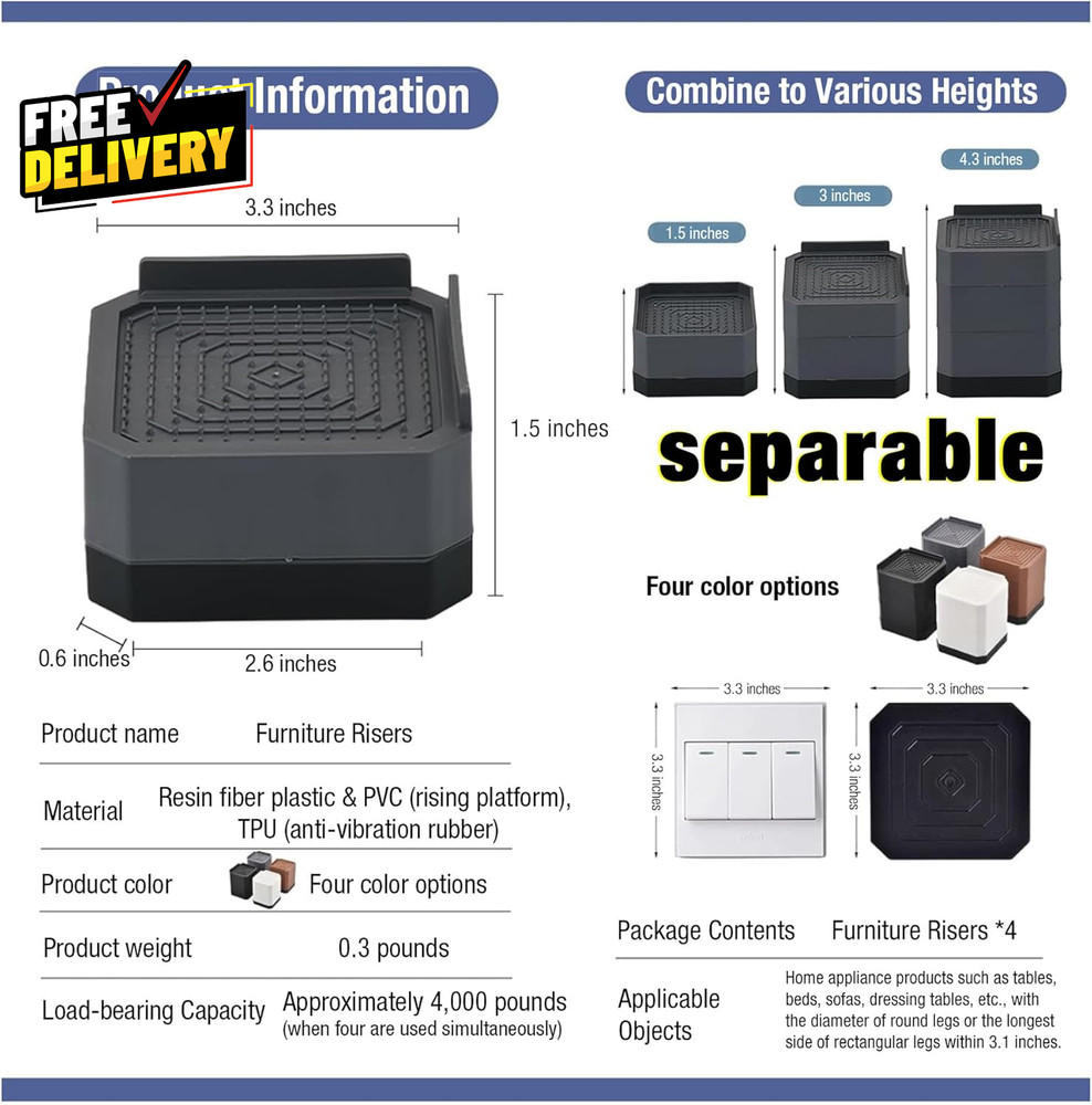 Bed Risers Furniture Risers Heavy-Duty Rectangular Adjustable Block 8 Pack.....