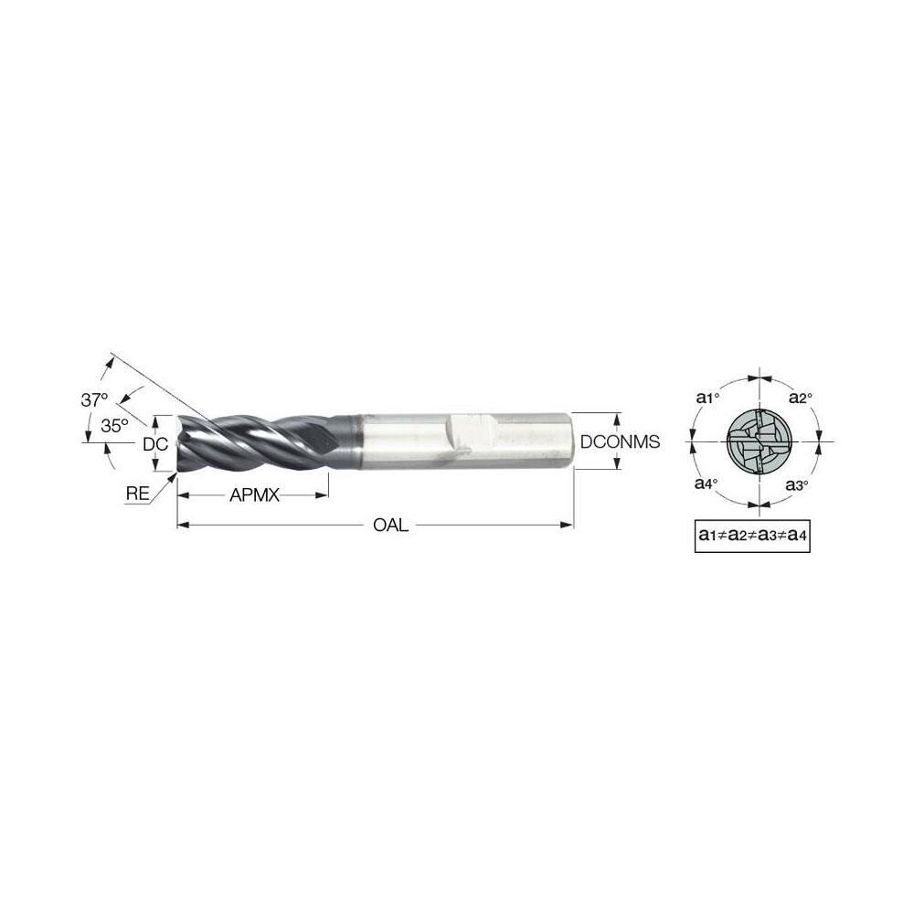 Iscar 5623091 Carbide Corner Radius End Mill: 1/2" Diam, 1" LOC, 4 Flutes