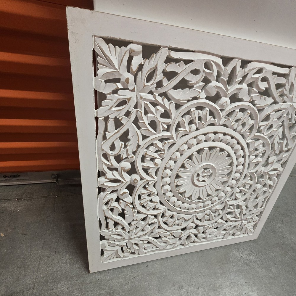 White Carved Floral Mandala Square Wall Panel Wall Hanging Decorative Panel