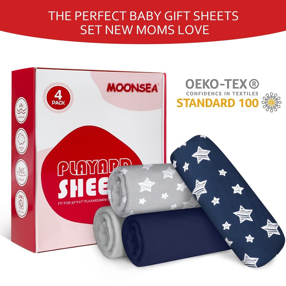 Pack and Play Sheets Boys, 4 Pack Mini Crib Sheets, Stretchy Pack and Play