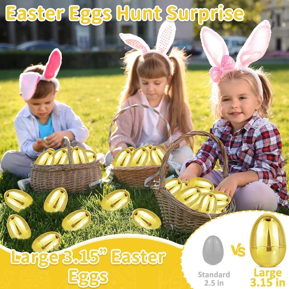 12 Pack 3.15" Large Golden Easter Eggs Empty, Shiny Metallic Plastic Easter Eggs