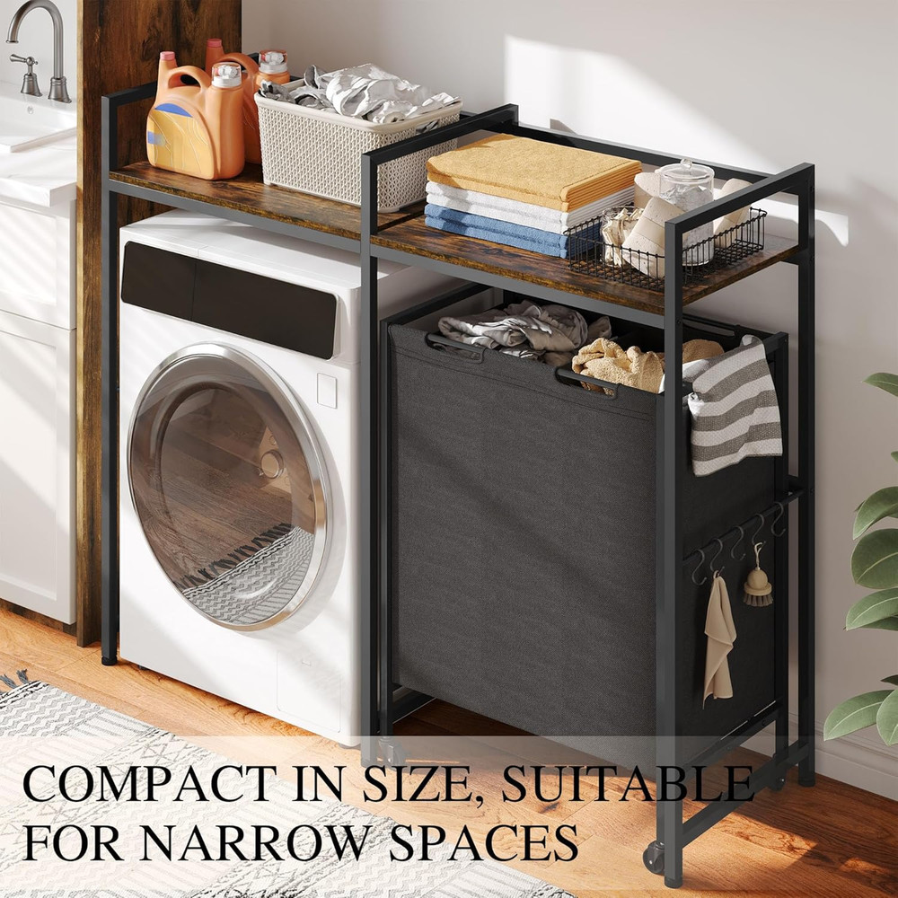 Rolling Laundry Cart with Shelves & Hooks - Over Washer Storage Solution 55"H