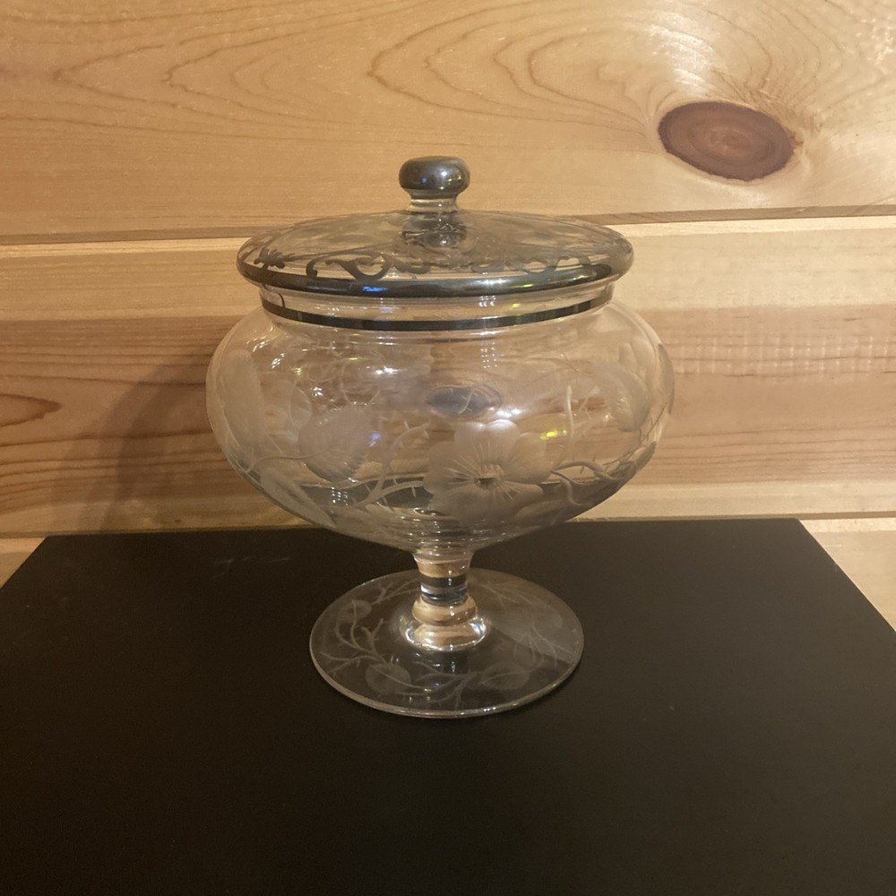 Etched Glass Compote With Silver Overlay Beautiful!
