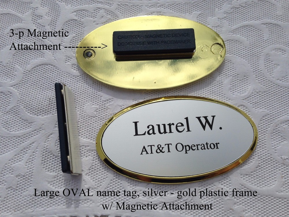 Personalized / Custom Engraved  LRG OVAL Name Tag  SILVER w/ GOLD Frame