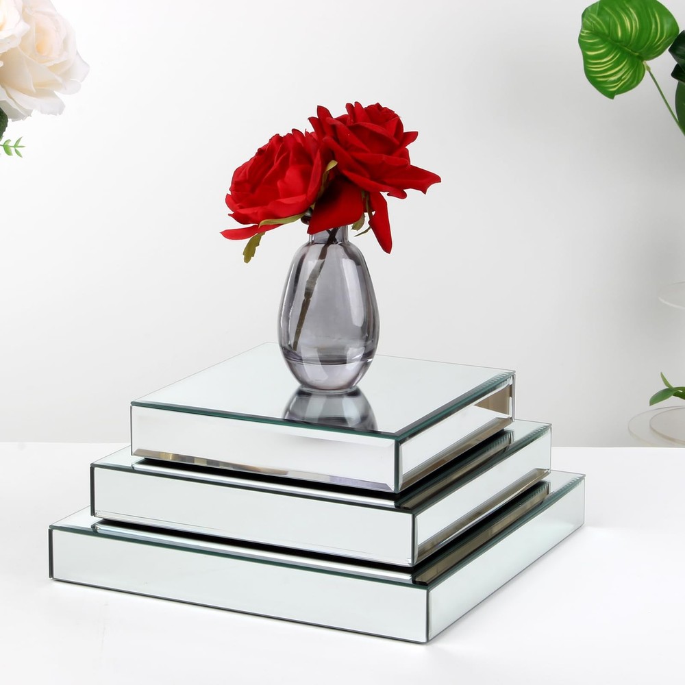 Square Mirror Reflection Display Platform Riser Stand, Silver Mirror Purses S...