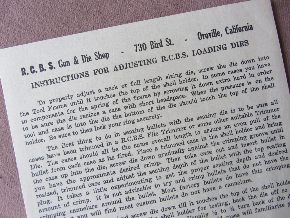 Vintage c1954 R.C.B.S Instructions For Adjusting RCBS Loading Dies Pamphlet