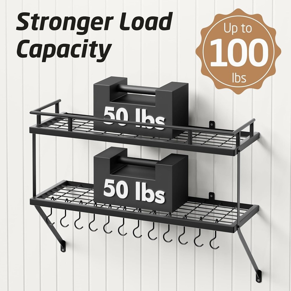 NEW 30 Inch Wall Mounted Pot Rack 2 Tier Matte Black 12 Hooks Organizer