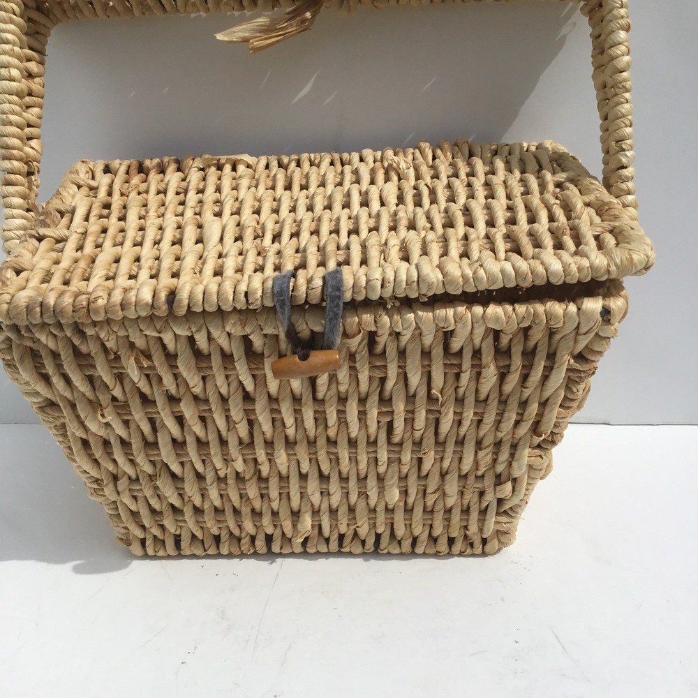 Basket Woven Raffia Square Metal Handle Lidded With Button Latch 10” Across