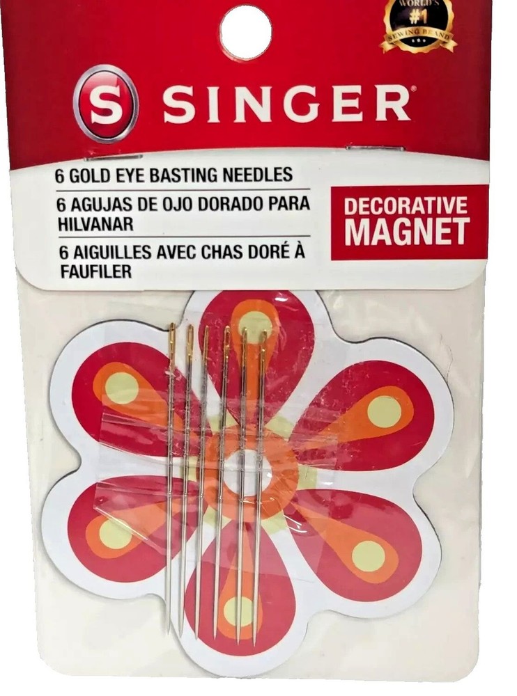 Singer Gold Eye Basting Needles 6-Pc Size 7 Sharp End Decorative Magnet Craft