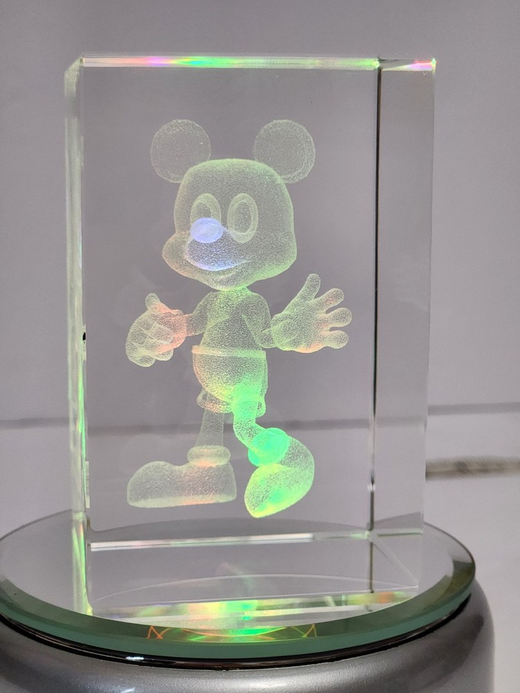 Disney Mickey Mouse 3D Hologram Laser-Etched Crystal Cube Light Up Rotating Base
