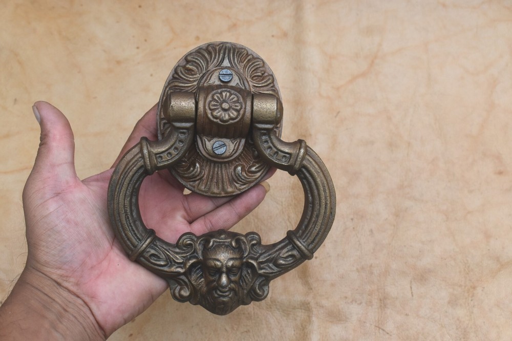 Vintage Cast Iron Victorian Face antique Gold Door Knocker Handle Pull Ring