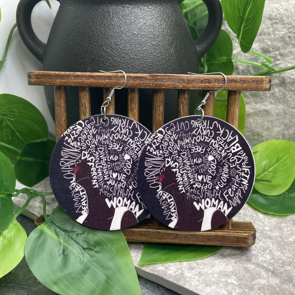 2” Silver-tone Earring Set Boho Retro Wood Dangle Juneteenth African A1412