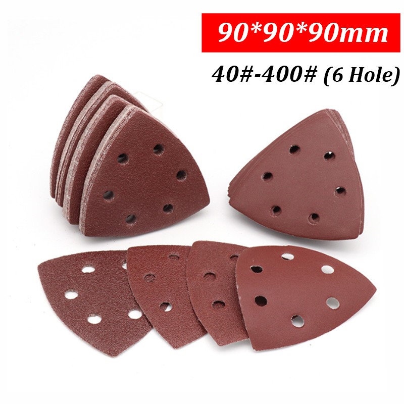 6 Hole Triangular Sanding Pads Hook & Loop 90x90x90mm Red Sand Paper Grit 40-400