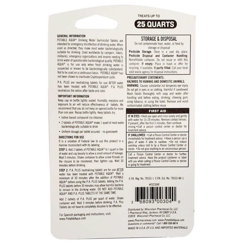 Water Purification Tablets Drinking Water 2-Pack 50 Count Emergency Use